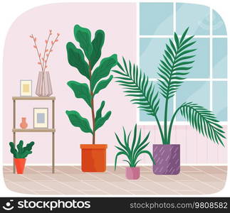 Modern plants at home interior design. Room at home for growing plants and flowers in pots. Empty cosy area with pink wallpaper and green houseplants. Greenery in apartment vector illustration. Modern plants at home interior design. Room in apartment for growing plants and flowers in pot