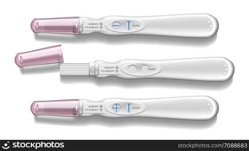 Modern Plastic Pregnancy Test With Cap Set Vector. Medical Device For Determine Signs Of Pregnancy Woman. Positive Negative Result Control Lines Plus And Minus. Template Realistic 3d Illustration. Modern Plastic Pregnancy Test With Cap Set Vector