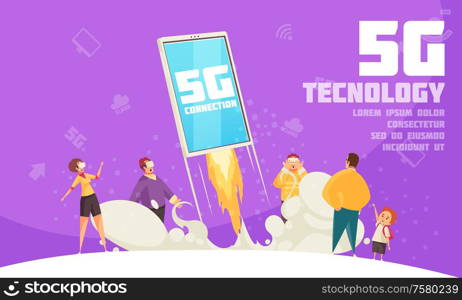 Modern poster with small characters using different gadgets near big smartphone support 5g internet technology cartoon vector illustration