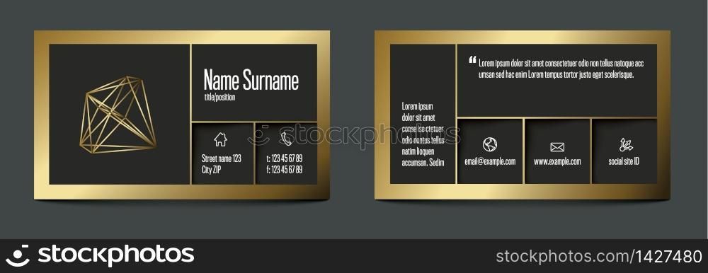 Modern premium dark gray business card template with golden metalic borders