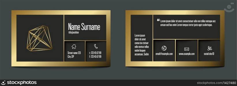 Modern premium dark gray business card template with golden metalic borders