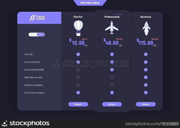 Modern pricing table design with 3 subscription plans. flat infographic pricing table design template for website or presentation