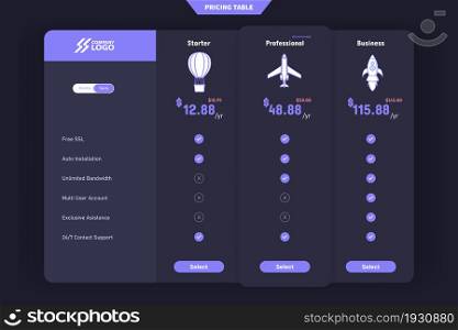 Modern pricing table design with 3 subscription plans. flat infographic pricing table design template for website or presentation