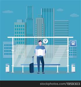 Modern public transport stop and male traveller with suitcase and map,urban landscape on background,city navigation concept,trendy style vector illustration.