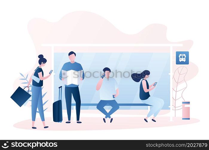 Modern public transport stop,various people standing and sitting on bus stop,male and female characters, trendy style vector illustration.