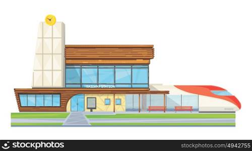 Modern Railway Station Flat Front View . Modern steel glass railway station building front view flat image with speed intercity train vector illustration