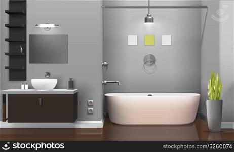 Modern Realistic Bathroom Interior Design. Modern realistic bathroom interior design with white sanitary equipment, shelves on grey wall, decorative plant vector illustration