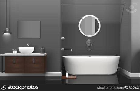 Modern Realistic Bathroom Interior Design. Modern realistic bathroom interior design with white sanitary equipment, shelves on grey wall and mirror vector illustration