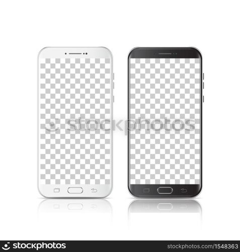 Modern realistic black and white smartphone. Smartphone with isolated on transparent background. 3d Vector illustration of cell phone.