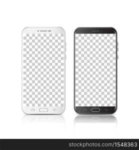 Modern realistic black and white smartphone. Smartphone with isolated on transparent background. 3d Vector illustration of cell phone.