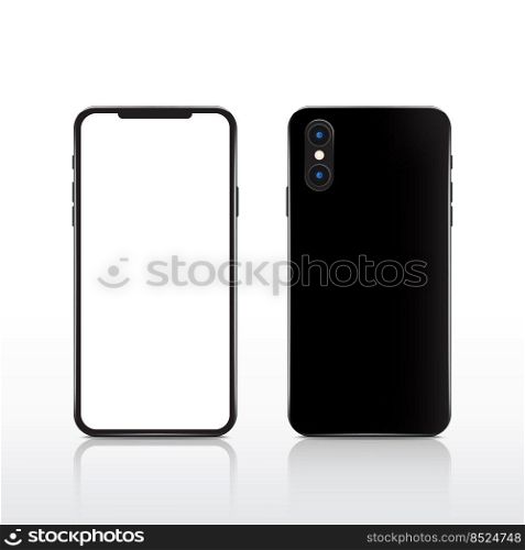 Modern realistic black touchscreen cellphone tablet smartphone on white background. Phone front and back side isolated. Vector illustration.