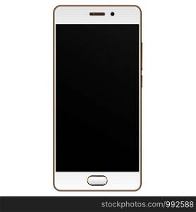 Modern realistic Smartphone mockup with golden edge frame. Cell phone template with empty screen Vector illustration. Mobile device isolated on white background.. Modern realistic Smartphone mockup Golden edge
