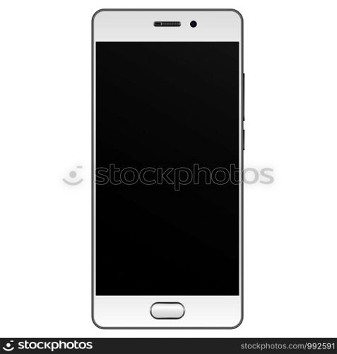 Modern realistic Smartphone mockup with silver edge frame. Cell phone template with empty screen Vector illustration. Mobile device isolated on white background.. Modern realistic Smartphone mockup with silver edge frame