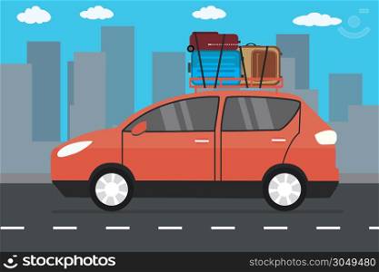 Modern red car with luggage on roof,family vacation transport on road,city on white background,flat vector illustration. Modern red car with luggage on roof,family vacation transport on