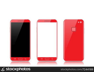 Modern red touchscreen cellphone tablet smartphone isolated on light background. Phone front and back side isolated. Vector illustration.