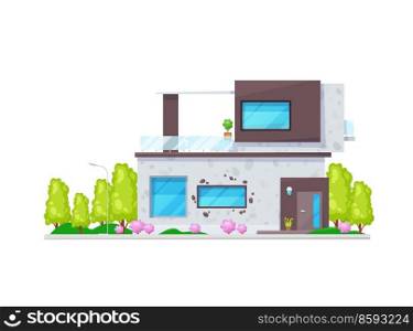 Modern residential house facade exterior. Luxury cottage building, flat vector contemporary townhouse facade. Neighborhood real estate property villa with terrace, flowers and trees on yard. Modern residential house facade vector exterior
