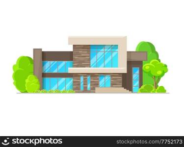 Modern residential neighborhood house building exterior framed by stone wall trim. Contemporary mansion, vector modern dwelling exterior. Luxury real estate house with flat roof and glass facade. Modern residential neighborhood house exterior