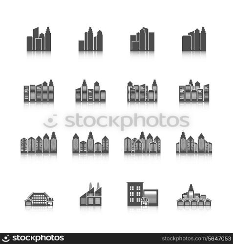 Modern residential urban settlement street buildings and industrial office edifice cityscape black isolated icons set vector illustration
