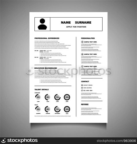 Modern resume cv form of black color vector. You can use for apply for a job that you love. illustration vector eps10