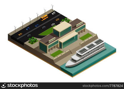 Modern river port building with luxurious holiday cruiser moored and highway on background isometric composition vector illustration . River Port Cruiser Isometric Composition