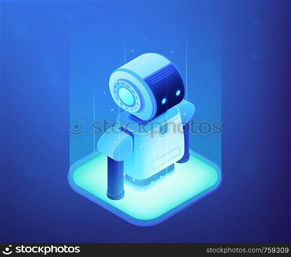 Modern robot appears. Robotics engineering and programming, robotics company and technology, robotics technology and artificial intelligence concept. Ultraviolet neon vector isometric 3D illustration.. Robotics technology concept vector isometric illustration.
