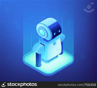 Modern robot appears. Robotics engineering and programming, robotics company and technology, robotics technology and artificial intelligence concept. Ultraviolet neon vector isometric 3D illustration.. Robotics technology concept vector isometric illustration.