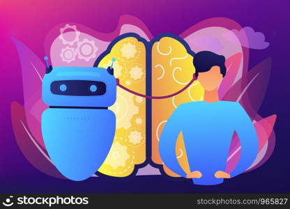 Modern robot artificial intelligence connected to human brain. Augmented intelligence, human intelligence enhance, AI human support concept. Bright vibrant violet vector isolated illustration. Augmented intelligence concept vector illustration.