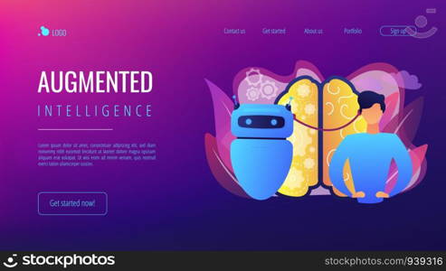 Modern robot intelligence and human brain connected. Augmented intelligence, human intelligence enhance, AI human support concept. Website vibrant violet landing web page template.. Augmented intelligence concept landing page.