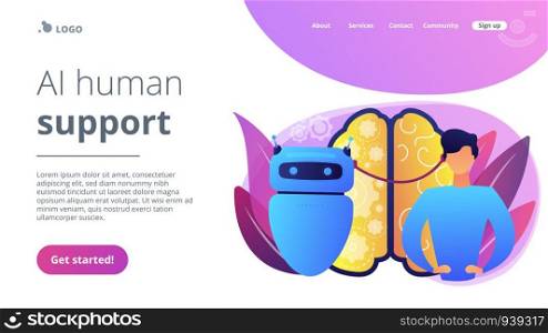 Modern robot intelligence and human brain connected. Augmented intelligence, human intelligence enhance, AI human support concept. Website vibrant violet landing web page template.. Augmented intelligence concept landing page.