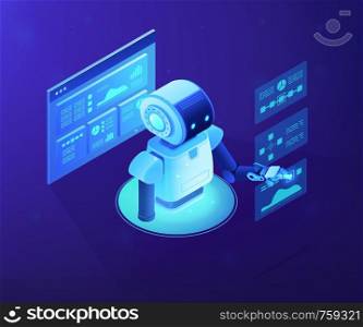Modern robot working with analytics data pie charts and graphs. Bot marketing, automated data analysis, automated data collection concept. Ultraviolet neon vector isometric 3D illustration.. Automated data analysis concept vector isometric illustration.