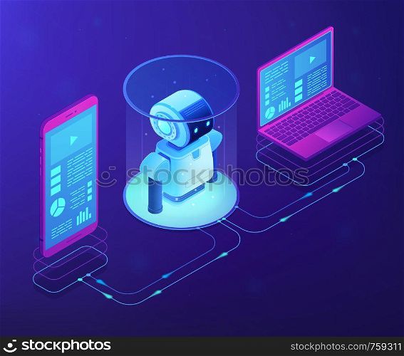 Modern robotics system connected with mobile phone and laptop. WiFi controlled robotics, robotics development, robotic programming concept. Ultraviolet neon vector isometric 3D illustration.. WiFi controlled robotics concept vector isometric illustration.
