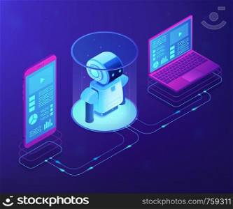 Modern robotics system connected with mobile phone and laptop. WiFi controlled robotics, robotics development, robotic programming concept. Ultraviolet neon vector isometric 3D illustration.. WiFi controlled robotics concept vector isometric illustration.