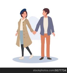 Modern Romantic Relationship concept. Cute Couple Walking Together.  Young Boy and Girl Holding Hands.  Romantic Boyfriend and Girlfriend