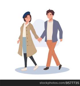 Modern Romantic Relationship concept. Cute Couple Walking Together.  Young Boy and Girl Holding Hands.  Romantic Boyfriend and Girlfriend