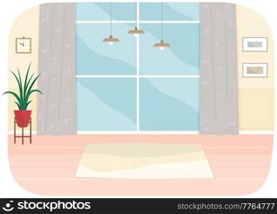 Modern room for training interior design. Cozy room with fitness rug, panoramic window and decor accessories. Flat style, vector graphic design. Planning and arrangement of furniture in apartment. Modern room for training interior design. Cozy room with fitness rug, panoramic window and decor