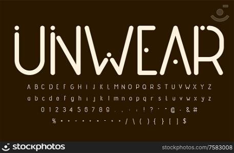 Modern rounded font with dots. Minimalistic typography style alphabet for tech, futuristic and wear logo, poster and print design. Uppercase, lowercase letters, numbers and symbols
