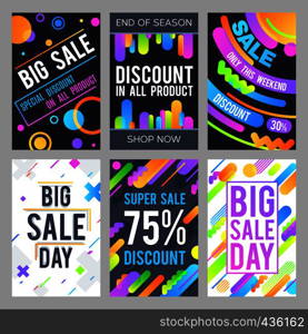 Modern sale banners in material design style with color abstract shapes with motion effect. Promotion banner sale and offer discount flyer. Vector illustration. Modern sale banners in material design style with color abstract shapes with motion effect