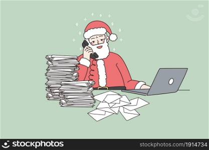 Modern Santa Claus at desk talk on phone answer paper letters work on computer. Old father Christmas speak with children online, using laptop and telephone. New Year. Flat vector illustration. . Modern Santa Claus communicate with kids online