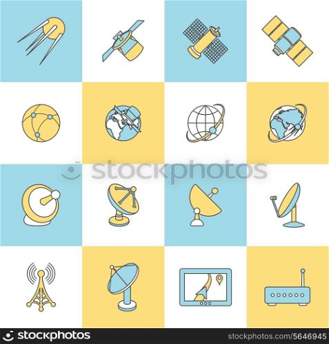 Modern satellite TV telephone internet connection digital technology flat line design dishes pictograms collection isolated vector illustration