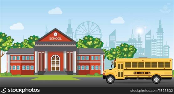 Modern school building. college building on city street background, with school bus and front yard. Vector illustration.
