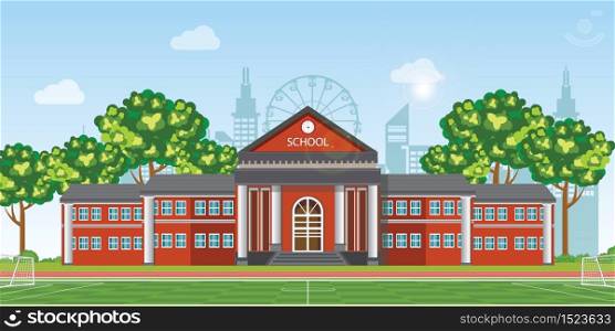Modern school with football field in front of the school building. Vector illustration.