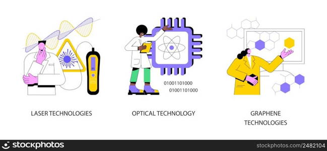 Modern science abstract concept vector illustration set. Laser and optical technology, graphene nanomaterial, innovative instruments, high-frequency sensor, quantum computing abstract metaphor.. Modern science abstract concept vector illustrations.