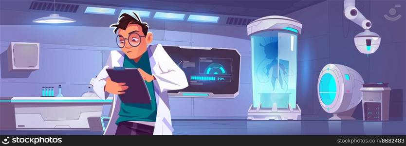 Modern science laboratory with equipment for medicine and biotechnology research. Vector cartoon interior of futuristic lab with alien in cryogenic capsule, screen, microscope and scientist. Modern science laboratory with equipment and man