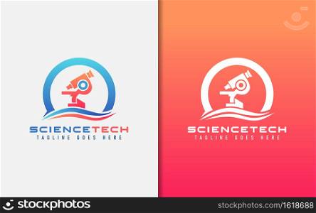 Modern Science Tech Logo Design. Abstract Microscope Combine with Modern Circle Shape. Vector Logo Design Illustration. Graphic Design Element.