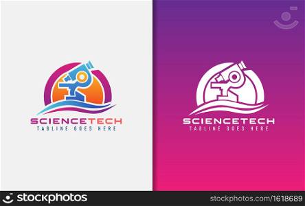 Modern Science Tech Logo Design. Abstract Microscope Combine with Modern Circle Shape. Vector Logo Design Illustration. Graphic Design Element.