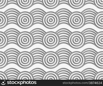 Modern seamless pattern. Geometric background with perforated effect. Shadow creates 3D texture.Perforated circles on bulging ribbon.