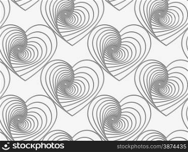 Modern seamless pattern. Geometric background with perforated effect. Shadow creates 3D texture.Perforated striped hearts.