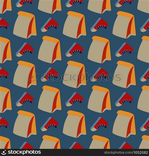 Modern seamless pattern lunch and red shoes, great design for surface, fabric, paper on grey backdrop . Vector abstract school background. Flat decoration collection. Delicious lunch.. Modern seamless pattern lunch and shoes on grey bg