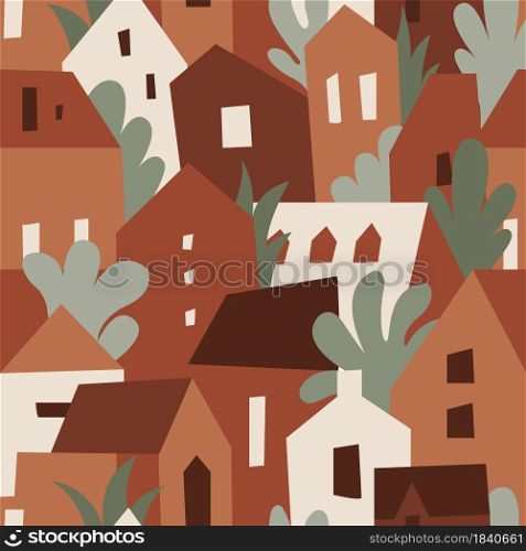Modern seamless pattern with abstract houses and trees. Childish vector background. Can be used for fabric, textile, wallpaper.