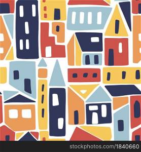 Modern seamless pattern with abstract houses. Childish vector background. Can be used for fabric, textile, wallpaper.